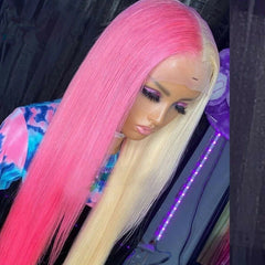 Long Straight Blonde Colored Lace Front Half Blond Half Pink Synthentic Heat Resistant
