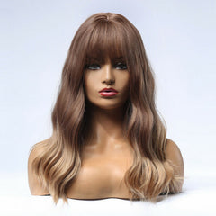 Women Ombre Blonde Brown Long Bob Wavy Wig Bangs Synthetic Natural Party Wig