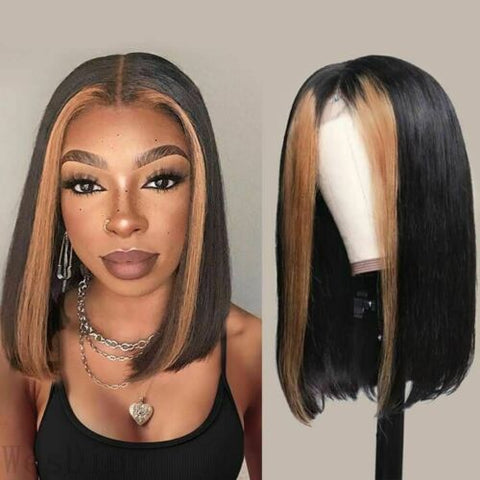 Straight Human hair Highlight Fringer Brown Black Lace Front Wig 13X4 T Part Wig