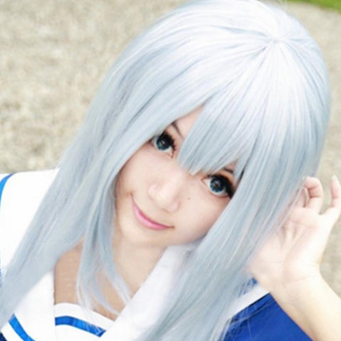 Long Straight Cosplay Wig Light White Blue Synthetic Hair Wigs With Bangs