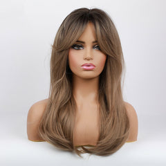Natural Black Ombre Brown Wave Synthetic Hair Wavy Wig With Long Bangs for Women