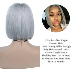 Short Bob Straight Grey Wig Lace Front Real Remy Human Hair Wig Pre Plucked Wigs