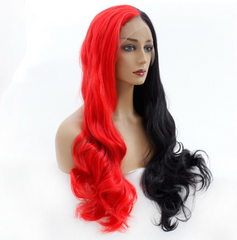 Body Wave Long Lace Front Wig Synthentic Half Black and Half Red Machine Made