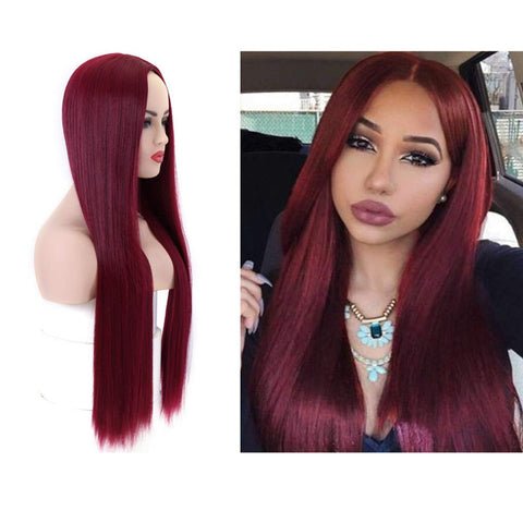 Long Straight Synthetic Hair Red Wig Middle Part Natural Wigs No Lace