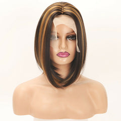 Short Bobo Synthetic Wigs Honey Blonde Ombre Brown Middle Part Wig Glueless Heat