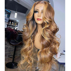 18" Human Hair Wigs Body Wave T part Lace Front Wig Ombre Honey Blonde and Brown