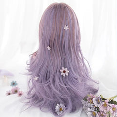 Long Ombre Colorful Synthetic Cosplay Lolita Harajuku Wig With Bangs Natural Wavy Wigs Pink Purple Cospay Wigs