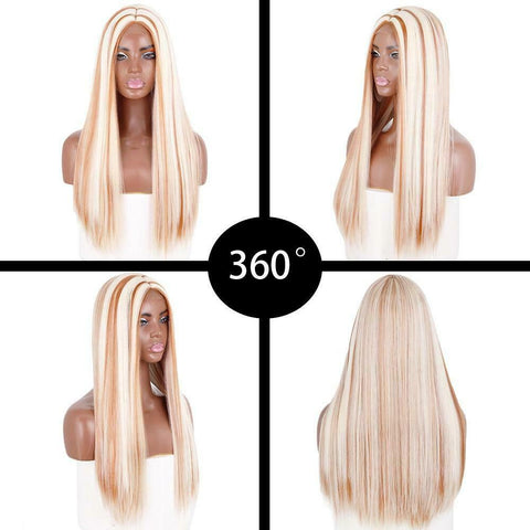 Highlight Brown Platinum Blond Synthetic 4x2 Lace Front Wig Long Straight Wigs