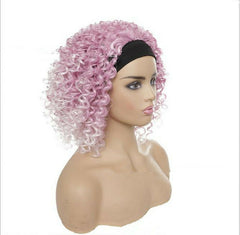 Pink Color Afro Short Wig Curly Hair 2 in 1 Scarf Wigs Headband Synthentic Wig