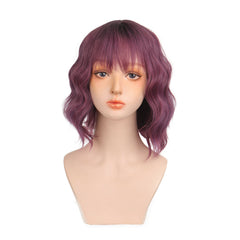 Short Body Wavy Bob Wig with Bangs Ombre Purple Synthetic Hair Wigs Cosplay Use