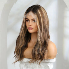 Beach Wave Human Hair Wig 13×5×1 Long Brown Highlight Lace Front Wigs for Women