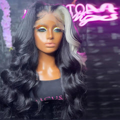 Women Long T Lace Front Ombre Black Wig Highlight White Body Wavy Wig Synthetic