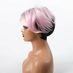 1B/PINK Short Straight Wig Side Part Wig Synthentic Black Mix Pink Color
