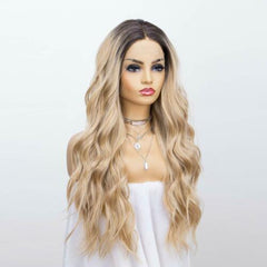 4*2 Lace Front Wig Ombre Blonde Deep Side Parting Long Wavy Synthetic Wigs