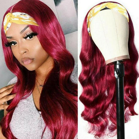 Long Burgundy Headband Wig Human Hair With Headband Body Wave Gluless Wig