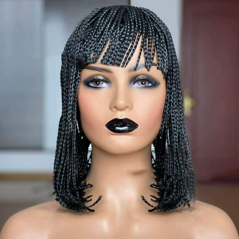 Black Short Synthetic Braided Bob Wigs & Bangs for Black Women Small Box Braided