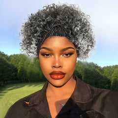 Gray Afro Kinky Curly Headband Wig Synthetic Short Curly Hair Head Wrap Glueless