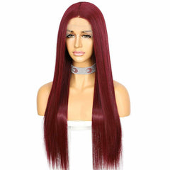 Long Straight Burgundy Red Lace Front Wig Glueless Heat Resistant Synthetic Wigs