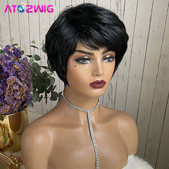 Short Straight Pixie Cut Wig Synthetic Natural Black Hair Daily Wigs for Women