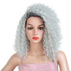 Short Kinky Curly Afro Wigs Synthetic Soft Hair Dark Roots Grey Silver Party Wig