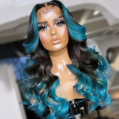 Lady Long Body Wave Wig Ombre Black Blue Wig T Part Lace Front Synthetic Wigs