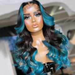 Lady Long Body Wave Wig Ombre Black Blue Wig T Part Lace Front Synthetic Wigs