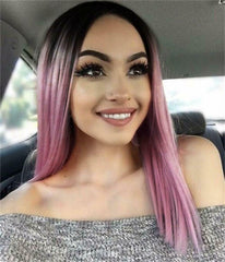 Wig Ombre Pink Wig Short Straight Bob Wigs Black to Pink Middle Part Synthetic