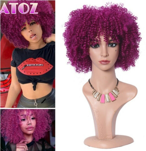 Afro Kinky Curly Synthetic Wigs Bob Rose Pink Heat Safe Party for Black Women