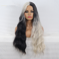 Long Wavy Curly Wigs for Women Ombre Black Silver Grey Two Tone Synthetic Heat