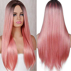 Long Ombre Pink Wigs for Women Synthetic Straight Pink Wig with Dark Roots