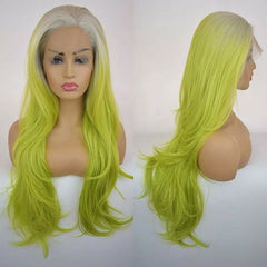 White Roots Ombre Green Natural Wave Synthetic Lace Front Wigs Natural Hairline