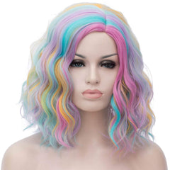 Short Bob 14'' Wavy Curly Wig Blue Ombre Wig For Women Cosplay Halloween Party
