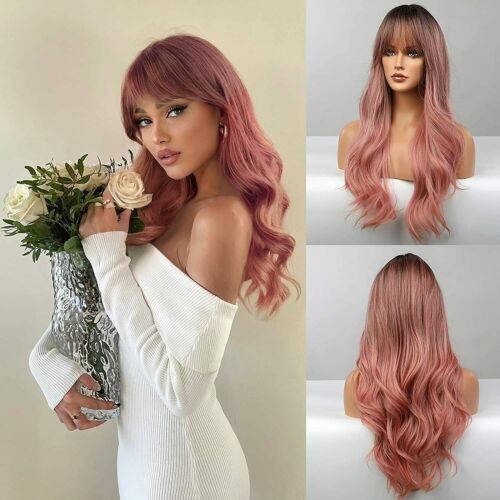 Long Pink Wig with Bangs Body Wavy Dark Root Synthetic Hair Wigs Heat Resistant