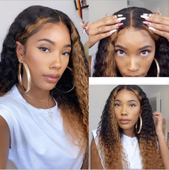 Curly Black Brown Highlight Synthetic Long Wigs for Womans Daily Natural Wears