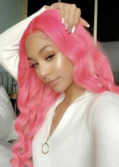 Women Pink Colour Long Wavy Lace Front Wigs Heat Safe Cute Wigs Glueless Wigs