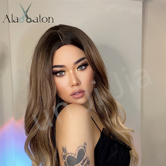 Women Long Wavy Wigs Brown Golden Blonde Wave Curly Hair Ombre Bangs Party Wigs