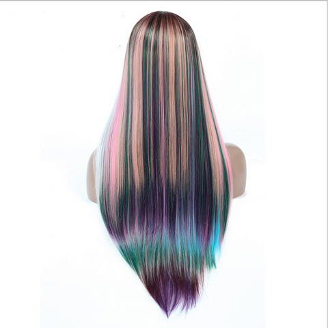 Long Rainbow Colour Straight Synthetic Wig Heat Resistant Multi-chrome Hair Cosplay