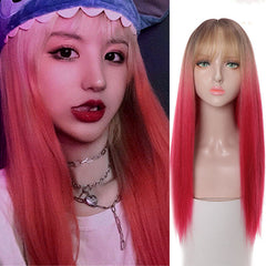 Fashion Long Straight Blonde Pink Bangs Wig Synthetic Glueless Daily Cosplay New