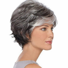 Short Grey Wigs for Women Mixed Gray Pixie Cut Wigs with Bangs Natural Layered