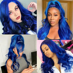 Women Blue Color Body Wave Lace Front Wigs Synthetic Glueless Natural Hairline