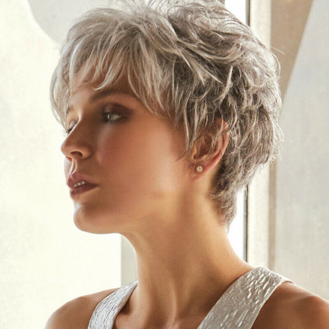 Pixie Wig Mixed Silver/Gray Short Curly Hair Wig Synthetic Full Wigs for Women