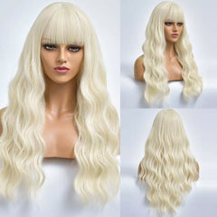 Long Wave Blonde Daily Hair Synthetic Glueless Wig With Bangs Heat Resistant