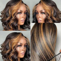 Women 4X4 Lace Front Human Hair Wig Short Wavy Black Brown Bob Wig Pre Plucked