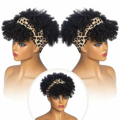 Short Black Afro Kinky Curly Headband Wigs Headscarf with Bangs Synthetic softly