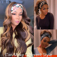 Long Synthetic Wave Highlight Black Brown Headband Wigs Non-Lace Wigs for Women
