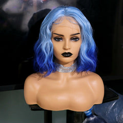 Short Wave Ombre Blue Wigs Synthetic Lace Front Wig Glueless Cosplay Party Heat