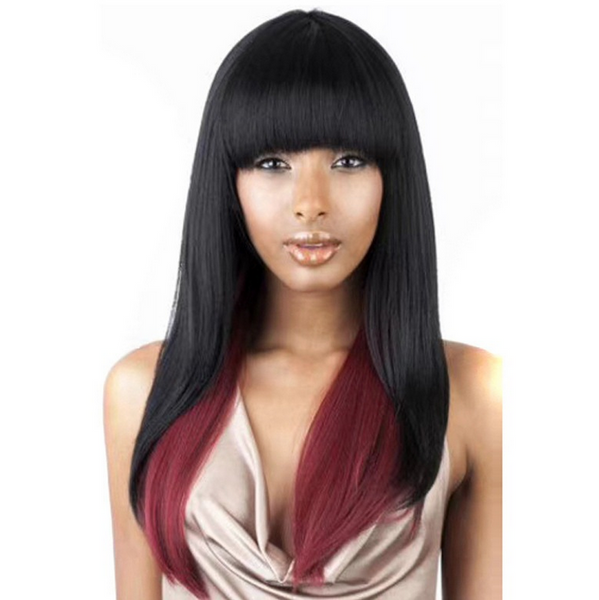 Fashion lady long straight hair with bangs wig black root red wigs