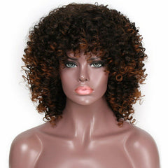 Short Curly Wigs for Women Dark Brown Afro Kinky Curly Wig & Bangs Fluffy Hair