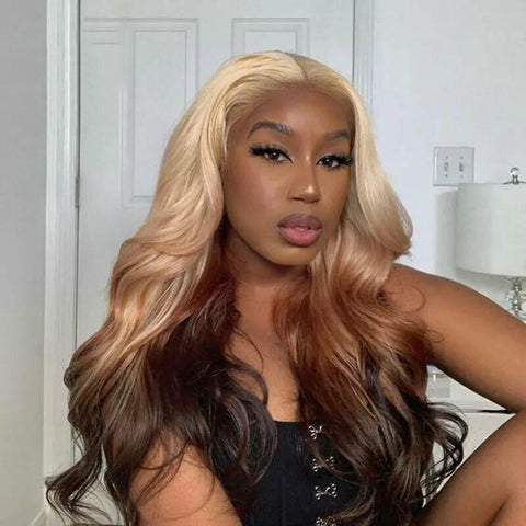 Fashion Ombre Blonde Brown Lace Front Wigs Synthetic Body Wave Natural Hairline