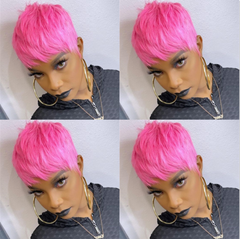Fashion Short Pixie Cut Wigs Hot Pink Short Human Hair Wigs Party Wigs None Lace